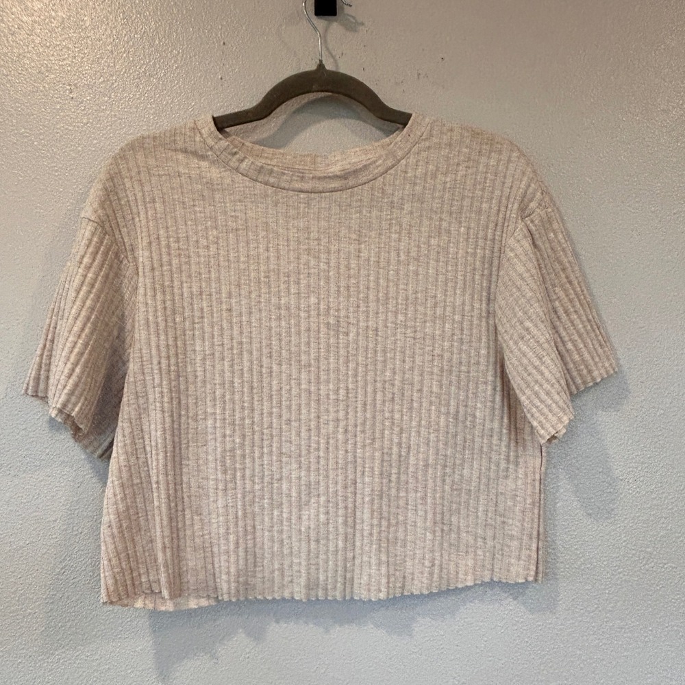 H&M Women's Oatmeal Ribbed Knit Boxy Crop Top Heather Beige Short Sleeve Small